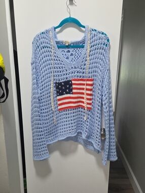 POL Light Blue American Flag Crochet Hoodie Nwot